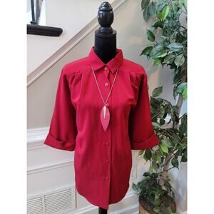 A Personal Touch Blouse Women's 3X Red Button Front Pleated Top Long Sleeves